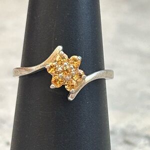 Vintage Ring Genuine Citrine Flower Setting Gold Plated Pure Silver Dainty 1970s